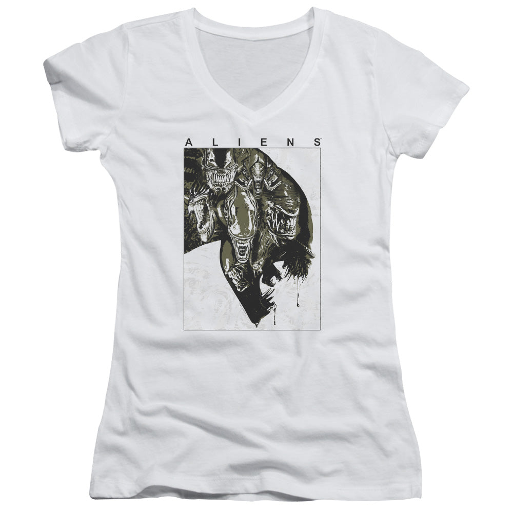 Aliens Aliens Inside Junior Sheer Cap Sleeve V-Neck Womens T Shirt White