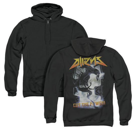 Aliens Cut The Power Back Print Zipper Mens Hoodie Black