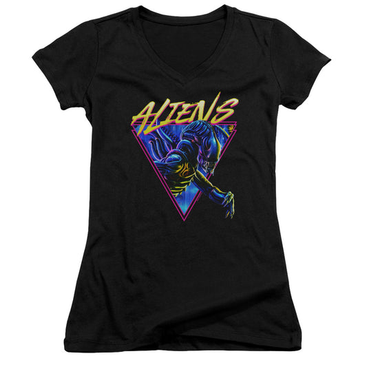 Aliens Neonmorph Junior Sheer Cap Sleeve V-Neck Womens T Shirt Black