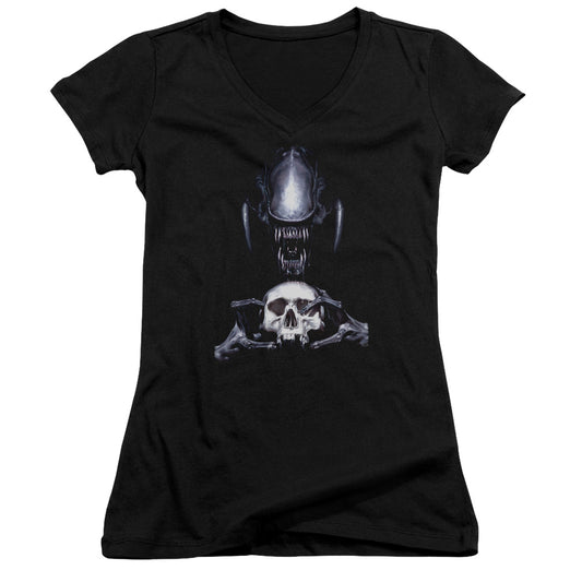 Aliens Trophy Junior Sheer Cap Sleeve V-Neck Womens T Shirt Black