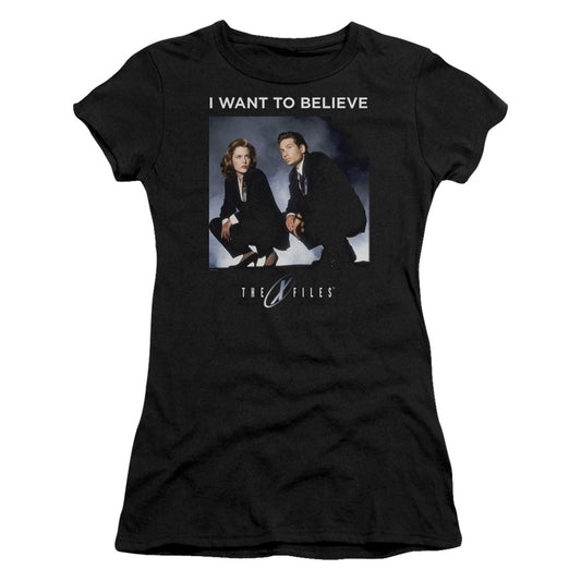 X Files Want To Believe Junior Sheer Cap Sleeve Womens T Shirt Black