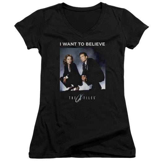 X Files Want To Believe Junior Sheer Cap Sleeve V-Neck Womens T Shirt Black