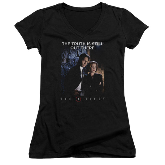 X Files Teamwork Truth Junior Sheer Cap Sleeve V-Neck Womens T Shirt Black