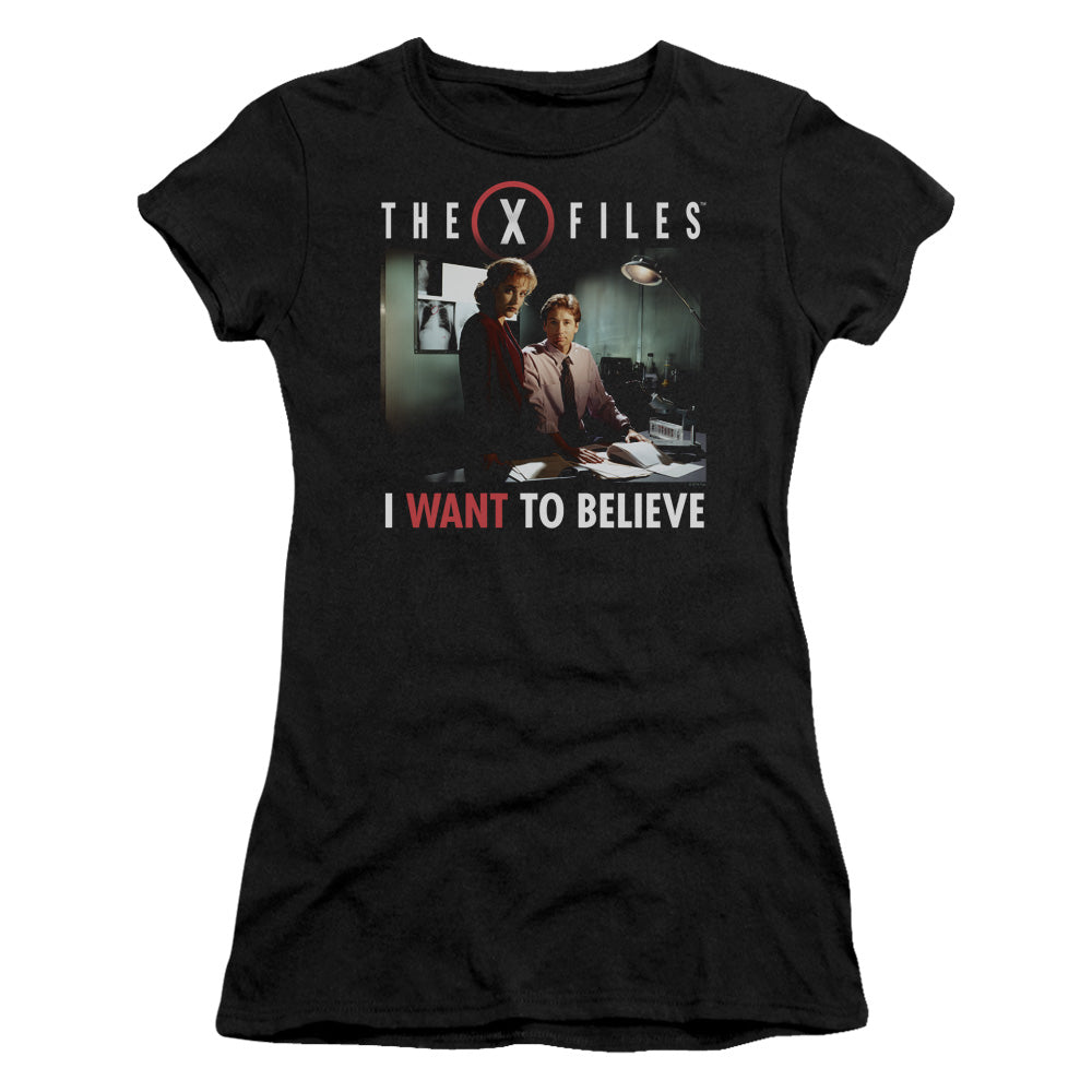 X Files Believe At The Office Junior Sheer Cap Sleeve Womens T Shirt Black