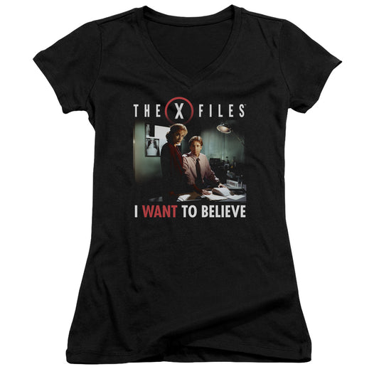 X Files Believe At The Office Junior Sheer Cap Sleeve V-Neck Womens T Shirt Black