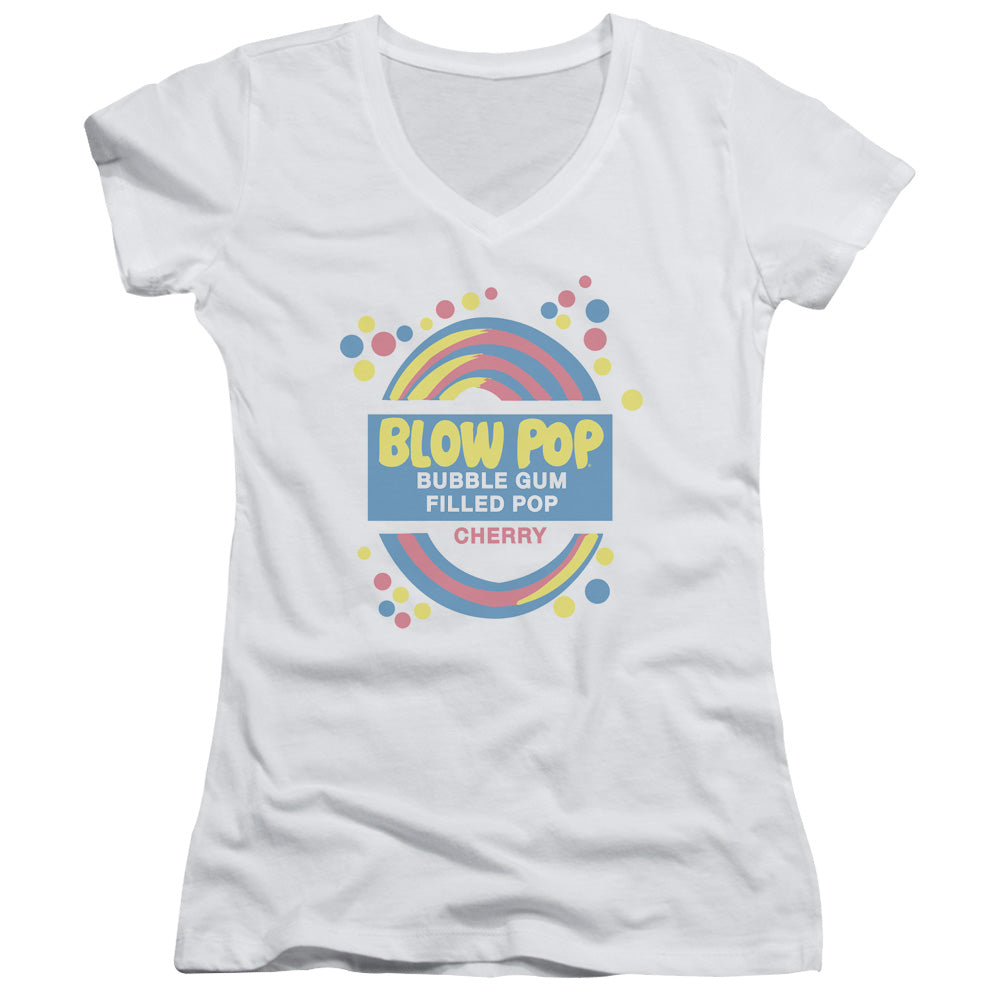 Tootsie Roll Blow Pop Label Junior Sheer Cap Sleeve V-Neck Womens T Shirt White