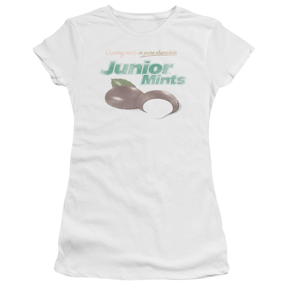 Tootsie Roll Junior Mints Logo Junior Sheer Cap Sleeve Womens T Shirt White