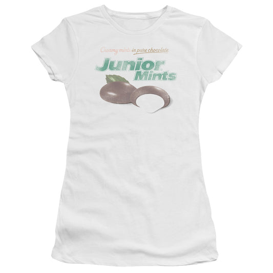 Tootsie Roll Junior Mints Logo Junior Sheer Cap Sleeve Womens T Shirt White