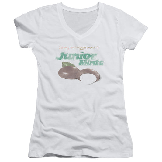 Tootsie Roll Junior Mints Logo Junior Sheer Cap Sleeve V-Neck Womens T Shirt White