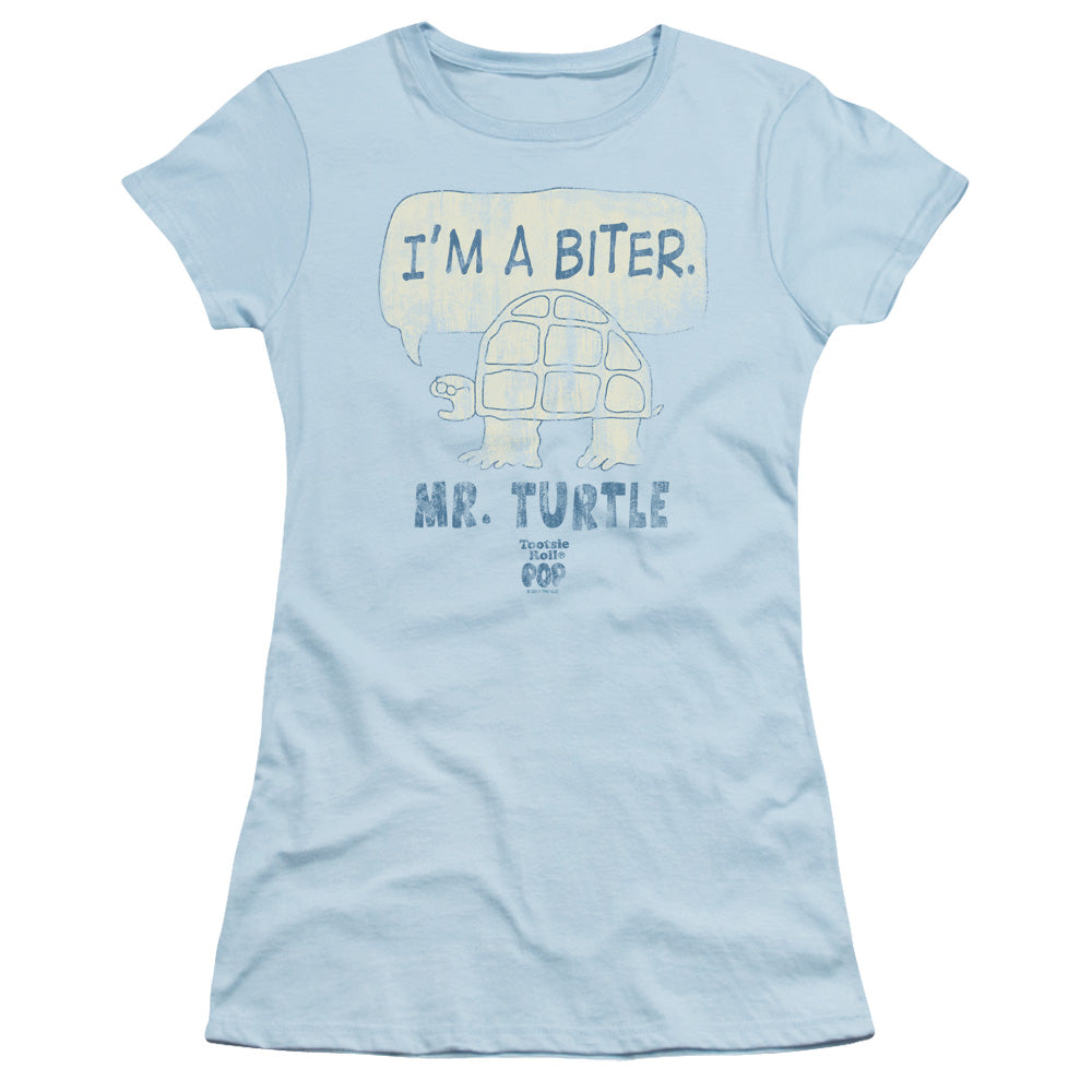 Tootsie Roll Im A Biter Junior Sheer Cap Sleeve Womens T Shirt Light Blue