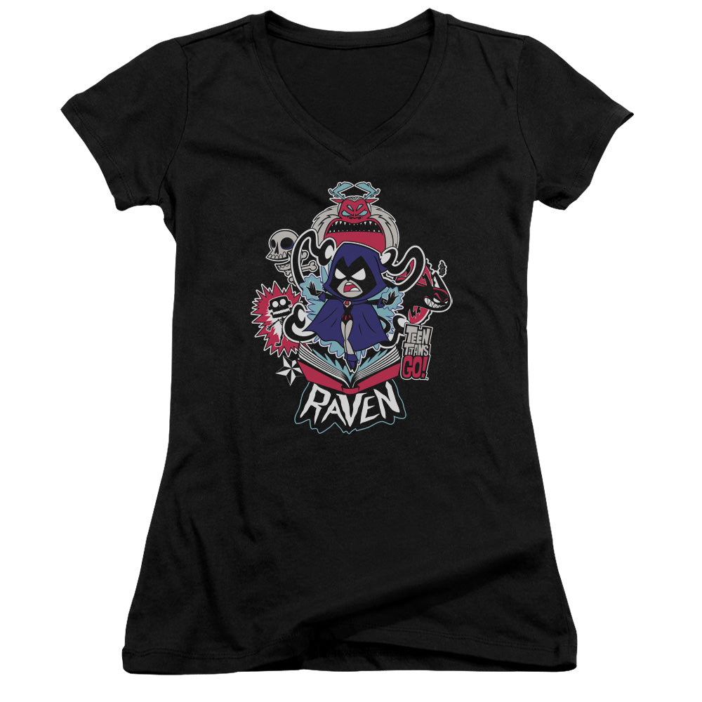 Teen Titans Go Raven Junior Sheer Cap Sleeve V-Neck Womens T Shirt Black