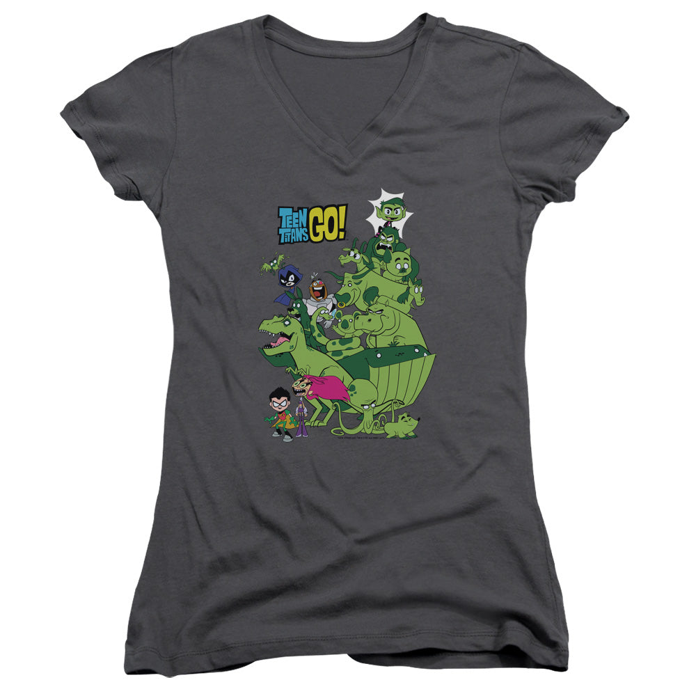 Teen Titans Go Beast Boy Stack Junior Sheer Cap Sleeve V-Neck Womens T Shirt Charcoal