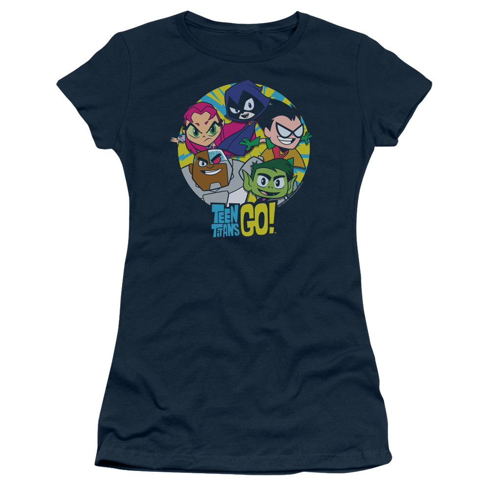 Teen Titans Go Go Go Group Junior Sheer Cap Sleeve Womens T Shirt Navy Blue