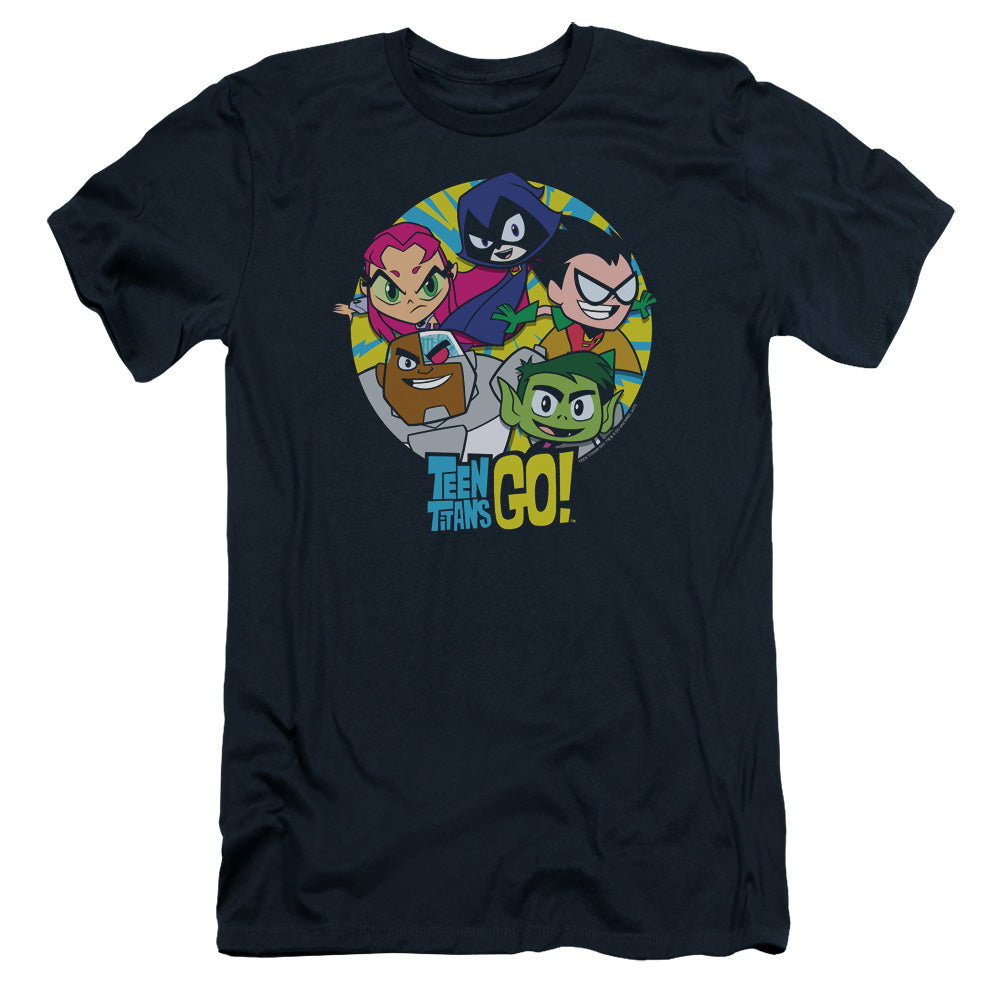 Teen Titans Go Go Go Group Slim Fit Mens T Shirt Navy Blue