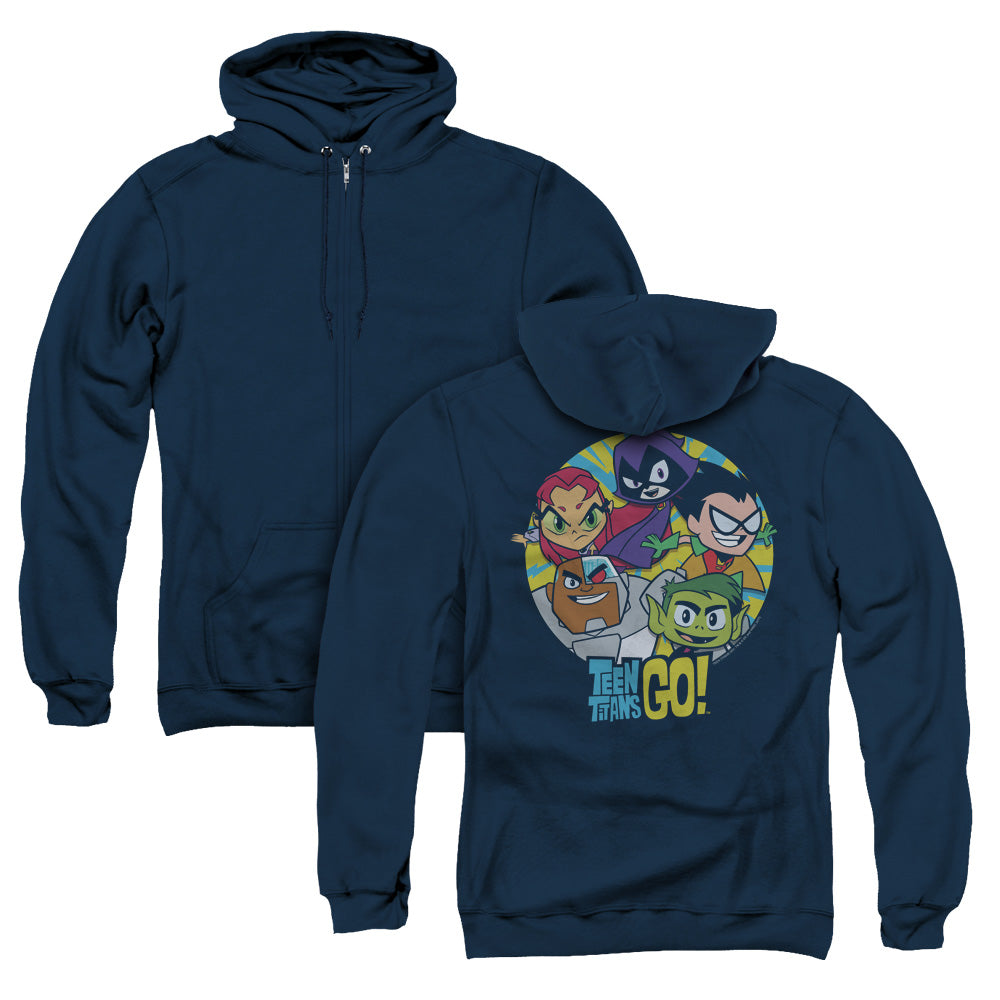 Teen Titans Go Go Go Group Back Print Zipper Mens Hoodie Navy Blue