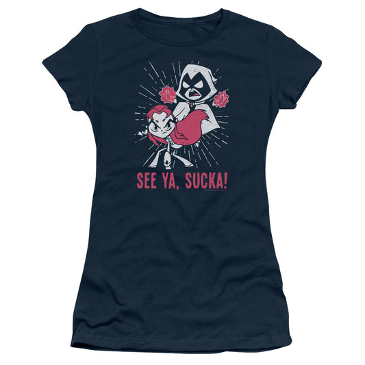 Teen Titans Go Suckas Junior Sheer Cap Sleeve Womens T Shirt Navy Blue