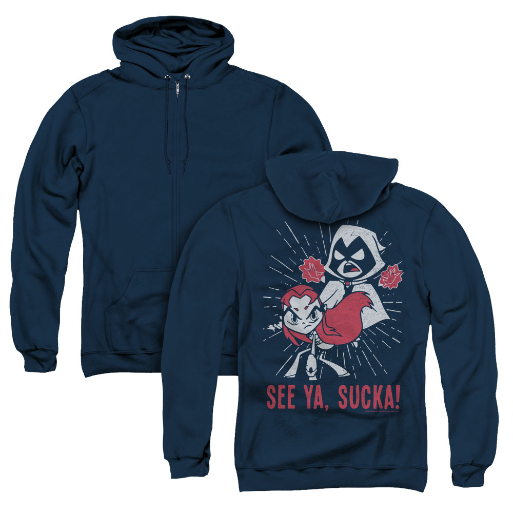 Teen Titans Go Suckas Back Print Zipper Mens Hoodie Navy Blue