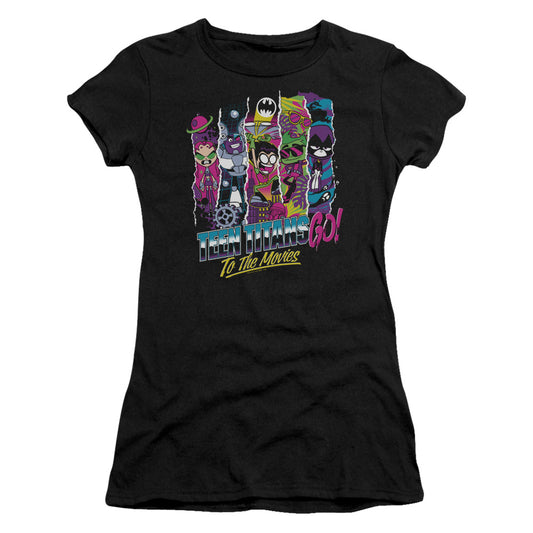 Teen Titans Go To The Movies To The Movies Junior Sheer Cap Sleeve Womens T Shirt Black