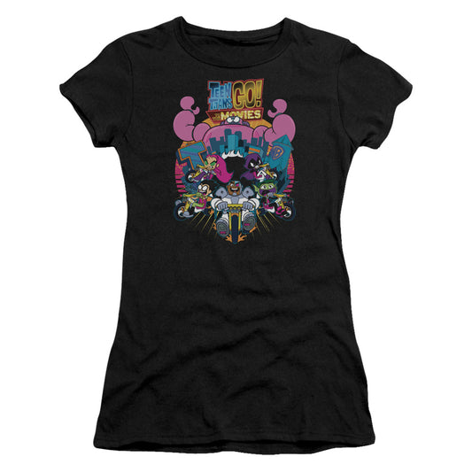 Teen Titans Go To The Movies Burst Through Junior Sheer Cap Sleeve Womens T Shirt Black