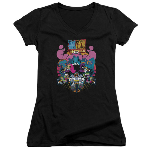 Teen Titans Go To The Movies Burst Through Junior Sheer Cap Sleeve V-Neck Womens T Shirt Black