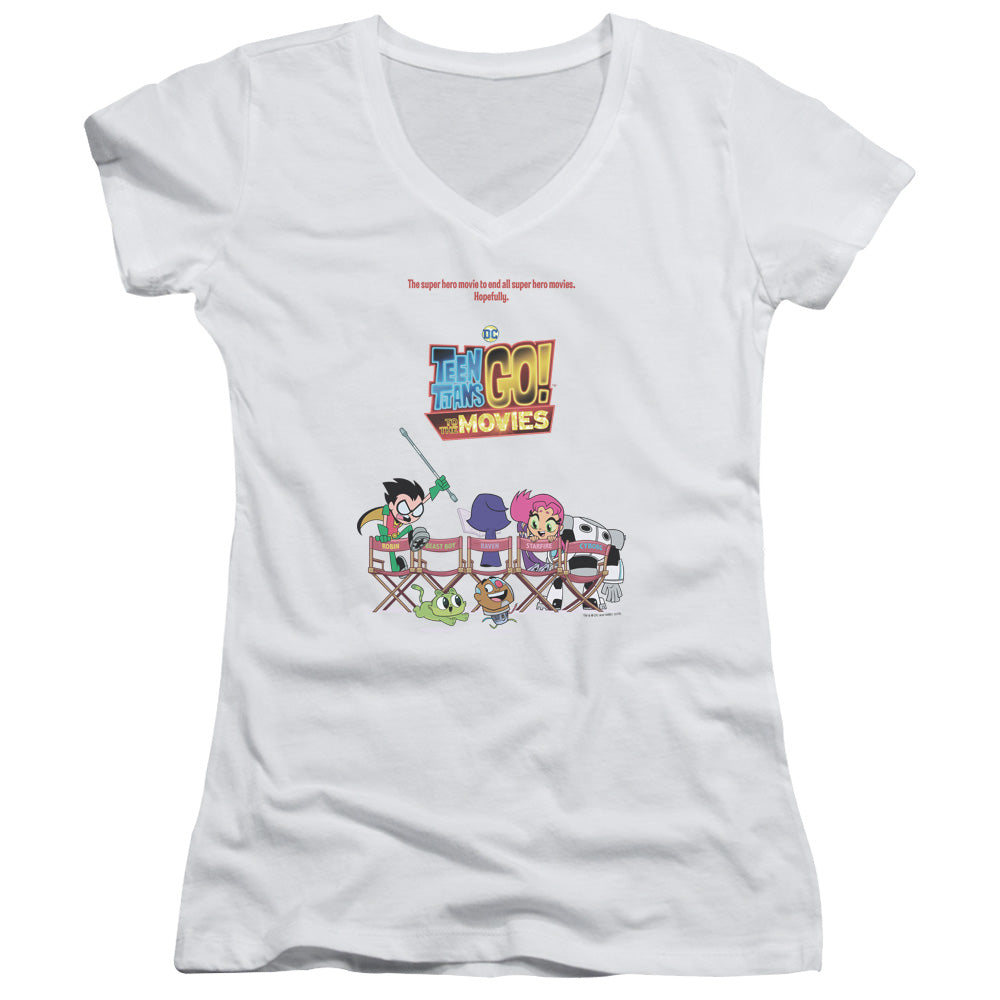 Teen Titans Go To The Movies Poster Junior Sheer Cap Sleeve V-Neck Womens T Shirt White