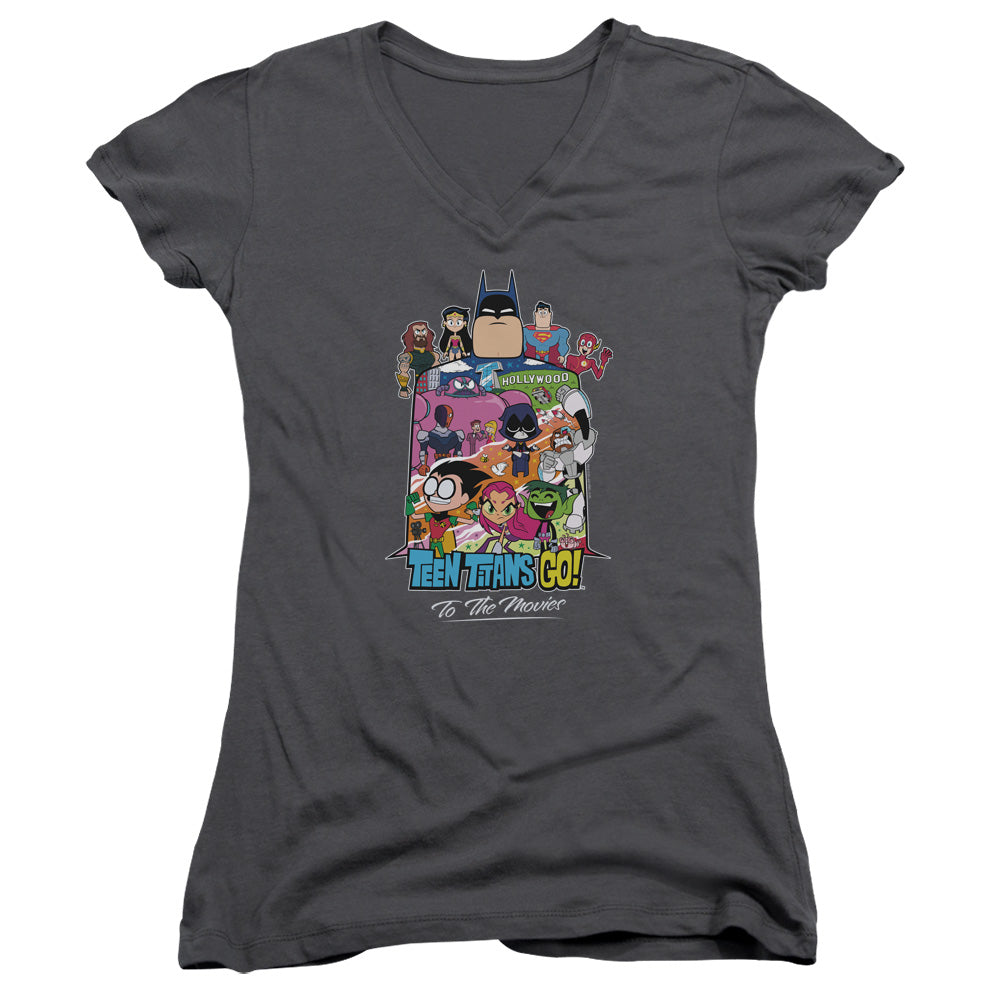 Teen Titans Go To The Movies Hollywood Junior Sheer Cap Sleeve V-Neck Womens T Shirt Charcoal