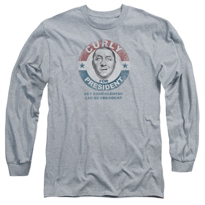 Three Stooges Curly For President Mens Long Sleeve Shirt Athletic Heather