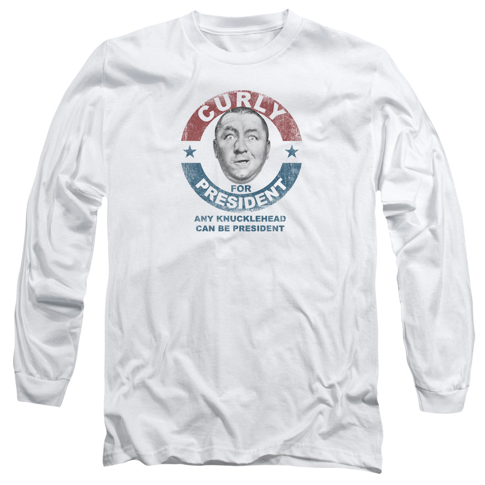 Three Stooges Curly For President Mens Long Sleeve Shirt White