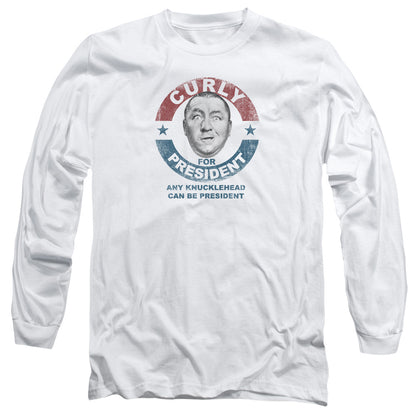 Three Stooges Curly For President Mens Long Sleeve Shirt White