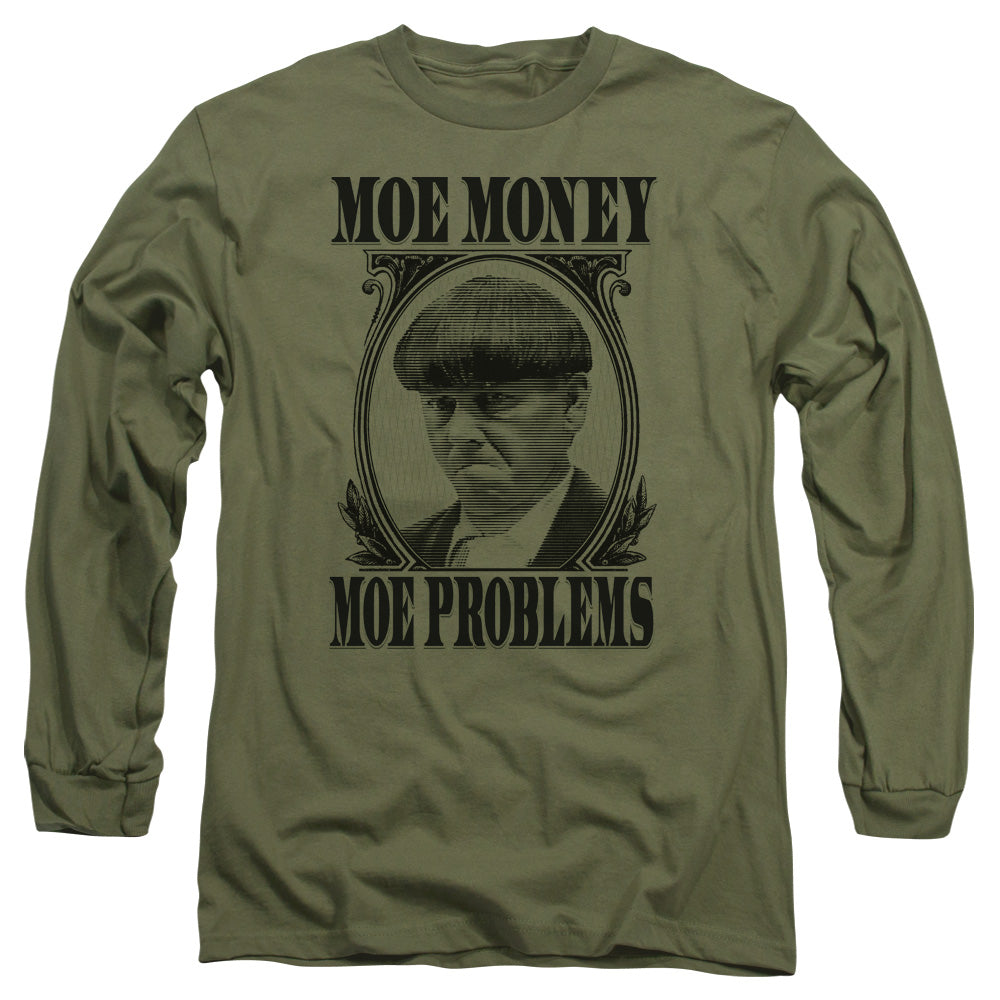 Three Stooges Moe Money Mens Long Sleeve Shirt Military Green