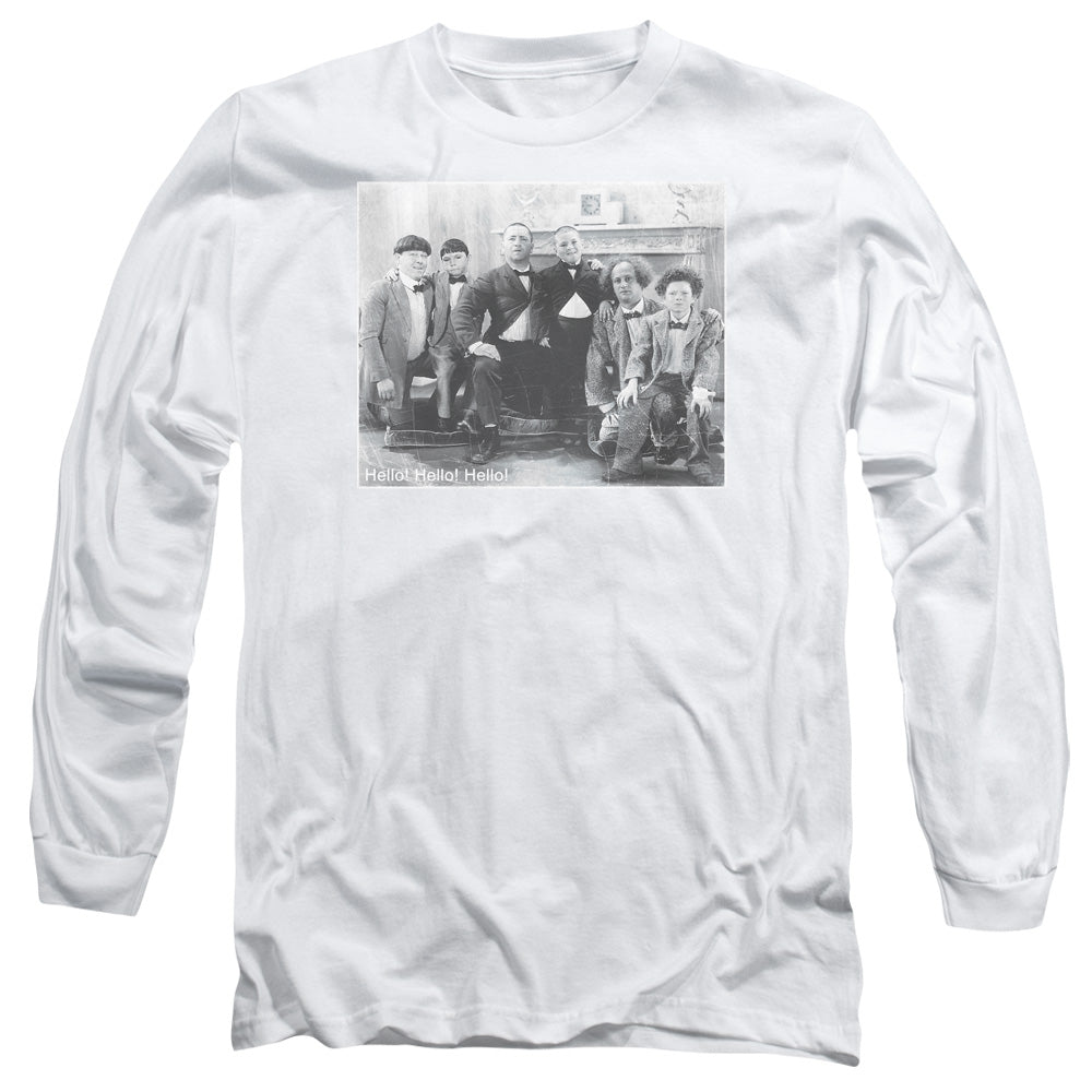 Three Stooges Hello Mens Long Sleeve Shirt White