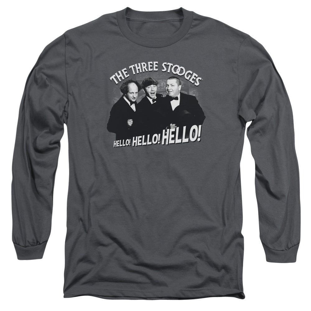 Three Stooges Hello Again Mens Long Sleeve Shirt Charcoal