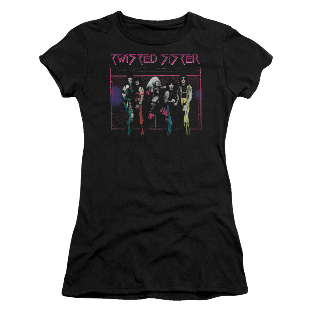 Twisted Sister Neon Gate Junior Sheer Cap Sleeve Womens T Shirt Black