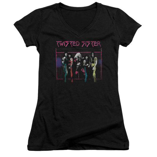 Twisted Sister Neon Gate Junior Sheer Cap Sleeve V-Neck Womens T Shirt Black