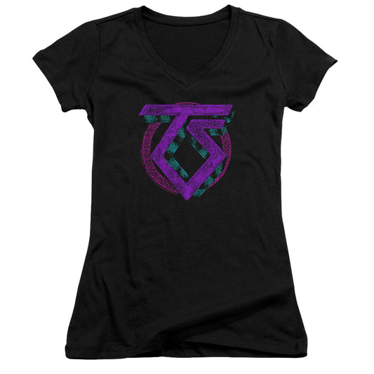 Twisted Sister Symbol Junior Sheer Cap Sleeve V-Neck Womens T Shirt Black