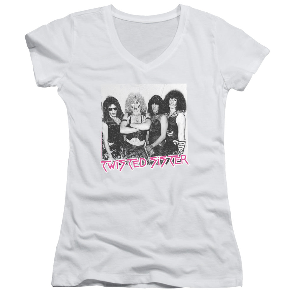 Twisted Sister The Group Junior Sheer Cap Sleeve V-Neck Womens T Shirt White