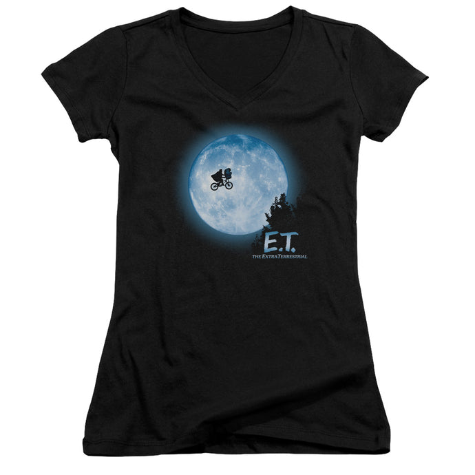 ET the Extra Terrestrial Moon Scene Junior Sheer Cap Sleeve V-Neck Womens T Shirt Black
