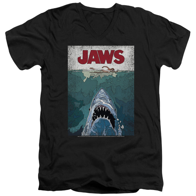 Jaws Lined Poster Mens Slim Fit V-Neck T Shirt Black