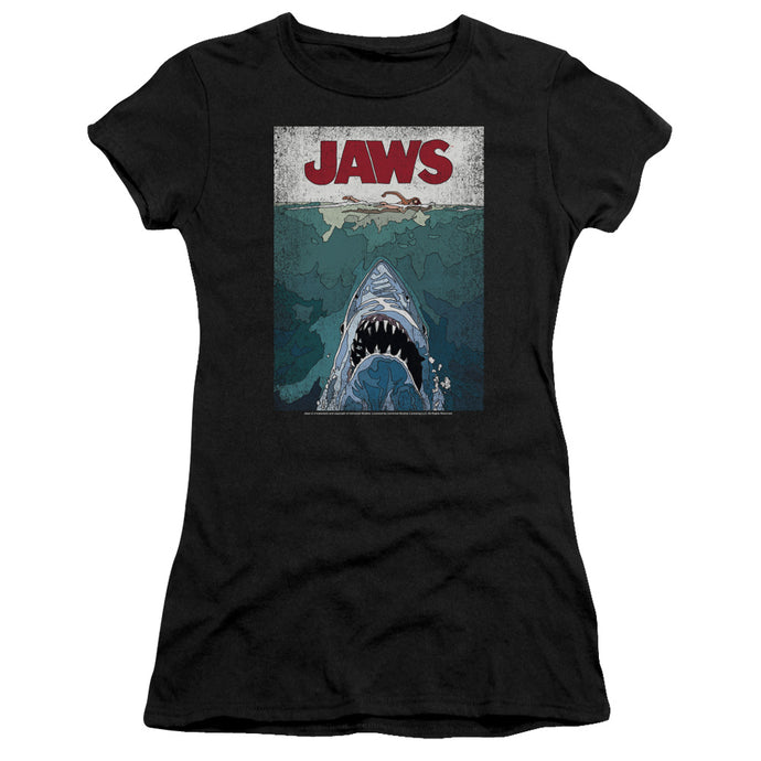 Jaws Lined Poster Junior Sheer Cap Sleeve Womens T Shirt Black
