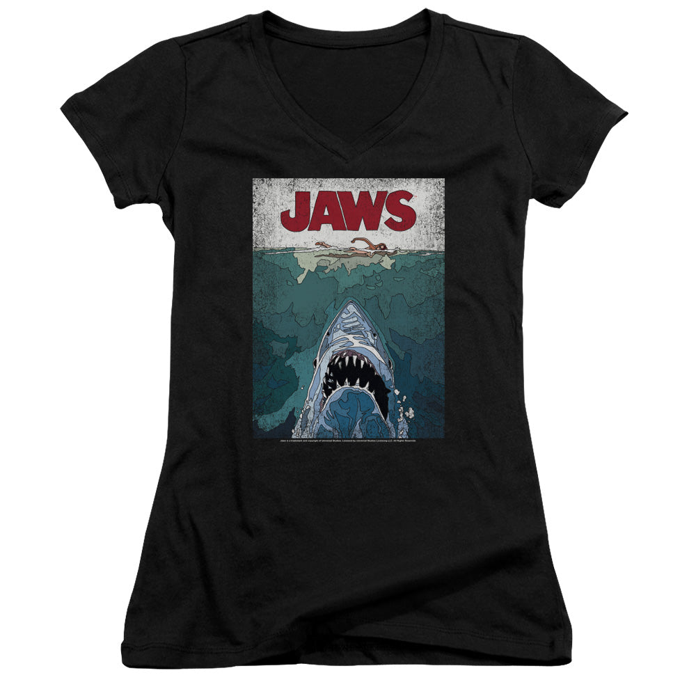 Jaws Lined Poster Junior Sheer Cap Sleeve V-Neck Womens T Shirt Black