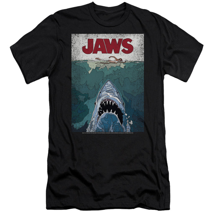 Jaws Lined Poster Slim Fit Mens T Shirt Black