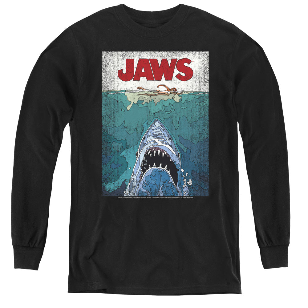 Jaws Lined Poster Long Sleeve Kids Youth T Shirt Black
