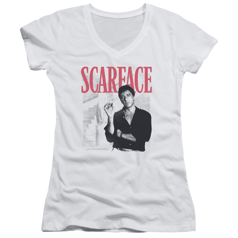 Scarface Stairway Junior Sheer Cap Sleeve V-Neck Womens T Shirt White