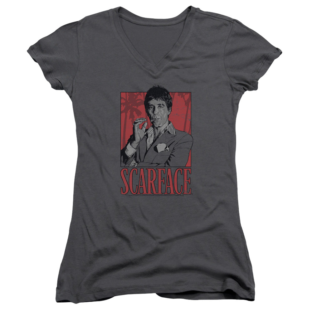 Scarface Tony Junior Sheer Cap Sleeve V-Neck Womens T Shirt Charcoal