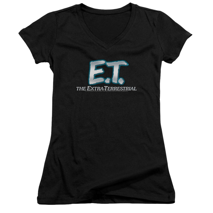 ET the Extra Terrestrial Logo Junior Sheer Cap Sleeve V-Neck Womens T Shirt Black