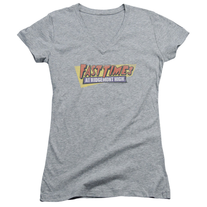 Fast Times at Ridgemont High Distressed Logo Junior Sheer Cap Sleeve V-Neck Womens T Shirt Athletic Heather