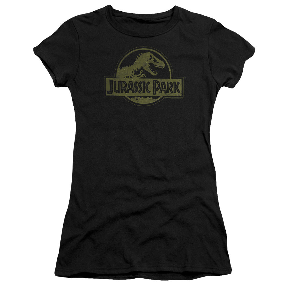 Jurassic Park Distressed Logo Junior Sheer Cap Sleeve Womens T Shirt Black