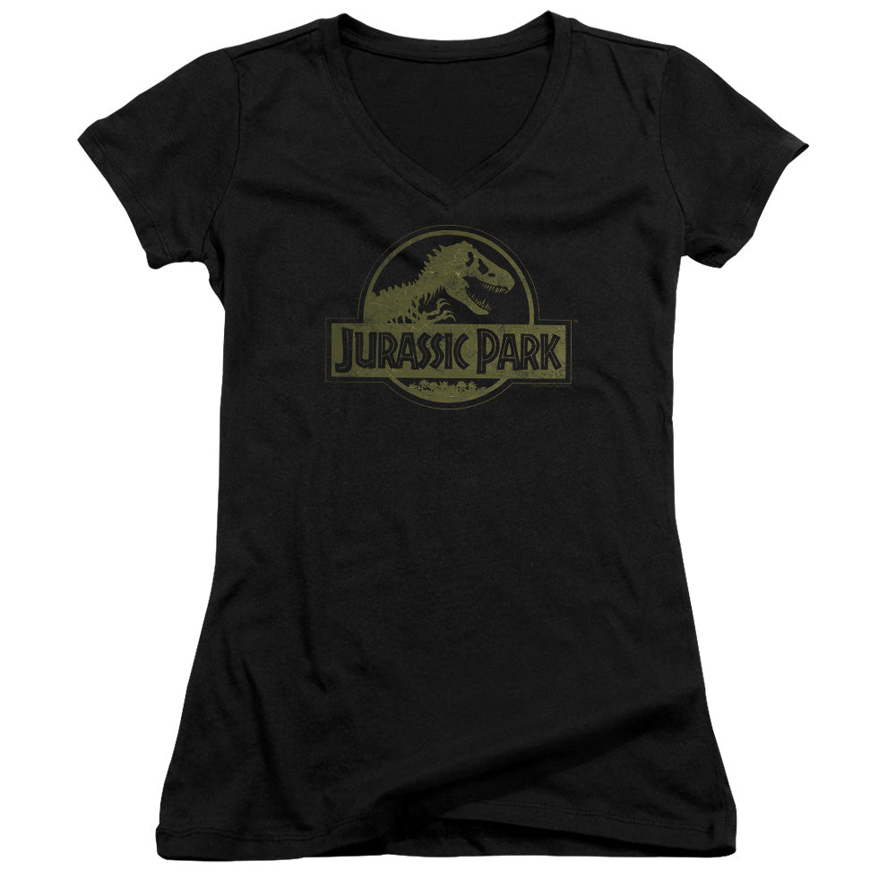 Jurassic Park Distressed Logo Junior Sheer Cap Sleeve V-Neck Womens T Shirt Black