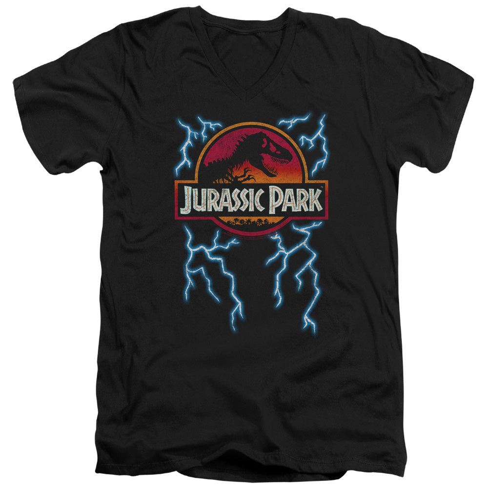 Jurassic Park Lightning Logo Mens Slim Fit V-Neck T Shirt Black