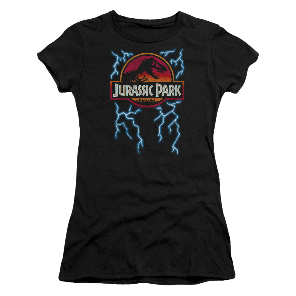 Jurassic Park Lightning Logo Junior Sheer Cap Sleeve Womens T Shirt Black